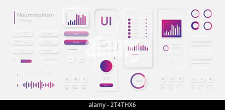 The user interface elements for the mobile app are white and purple. Stock Vector