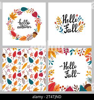 Autumn seamless pattern, round frame with lettering HELLO FALL. Vector floral illustrations set. Autumn elements - acorn, apple, leaves, berries. Doodle style. Hand drawn Vector autumn illustration Stock Vector