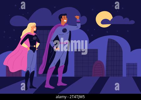 Super heroes team in city. Cartoon strong couple in heroic costumes. Comic characters. Superheroes standing on building roof. People fight evil on Stock Vector