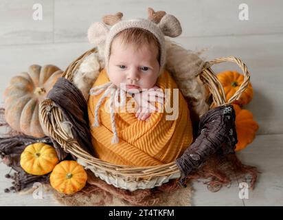 Newborn baby girl swaddled in white fabric sleeping in basket decorated with pumpkins. Infant child kid napping on fur autumn studio portrait Stock Photo