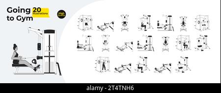 Workout gym people black and white cartoon flat illustration bundle Stock Vector