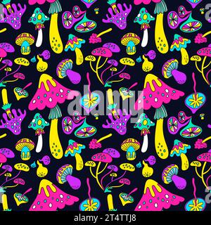 Acid mushrooms seamless pattern. Psychedelic fungi. Colorful hallucinogenic plants. Hippie style print. Shamanic toadstools. Bright grebes. Groovy Stock Vector