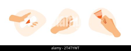 Menstrual period. Female hygiene product. Hands holds tampon, sanitary pads, menstrual cup. Vector illustration in a trendy flat style isolated. Stock Vector