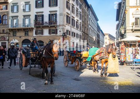 Florence, Italy: Horse carriage at the Piazza del Duomo at Florence, the capital city of the Tuscany region in Italy. Stock Photo