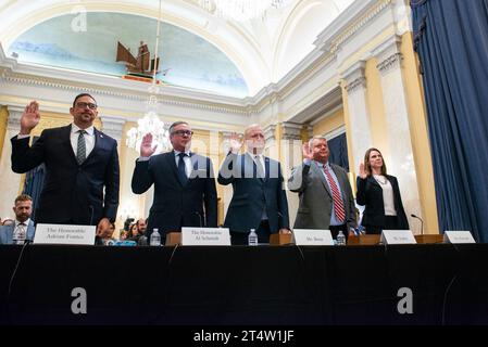 Washington, Vereinigte Staaten. 01st Nov, 2023. Witnesses are sworn in at a Senate Rules and Administration hearing to examine ongoing threats to election administration in the Russell Senate Office Building on Wednesday, November 1, 2023. Credit: Annabelle Gordon/CNP/dpa/Alamy Live News Stock Photo