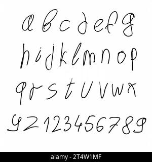 Scribble childlike lowercase black english alphabet abc latin font A to Z and digits 0 to 9 set. Vector illustration in doodle hand written style isol Stock Vector