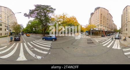 360 degree panoramic view of New York, NY, USA - October 27, 2023: New York 5th Avenue by Central Park. 360 panorama VR equirectangular photo