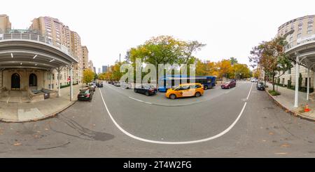 360 degree panoramic view of New York, NY, USA - October 27, 2023: New York luxury condominiums by Central Park. 360 panorama VR equirectangular photo