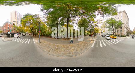 360 degree panoramic view of New York, NY, USA - October 27, 2023: New York by Central Park view of midrise residential buildings. 360 panorama VR equirectangular photo