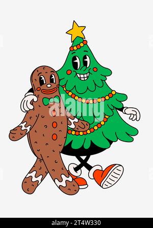 Retro cartoon gingerbread and Christmas tree . Groovy vintage 70s funny fir tree and cookie characters walking arm in arm Stock Vector