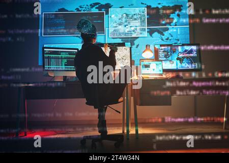Woman, hacking and cybersecurity, hologram map and screen with malware, futuristic technology and global web security. Data protection overlay, world Stock Photo
