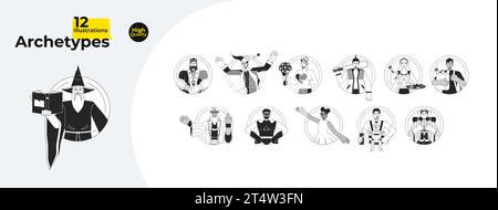 12 archetypes in society black and white cartoon flat illustration bundle Stock Vector
