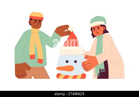 Winter clothes friends making snowman 2D cartoon characters Stock Vector