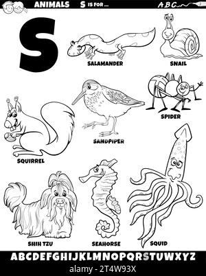 Cartoon illustration of animal characters set for letter S coloring page Stock Vector