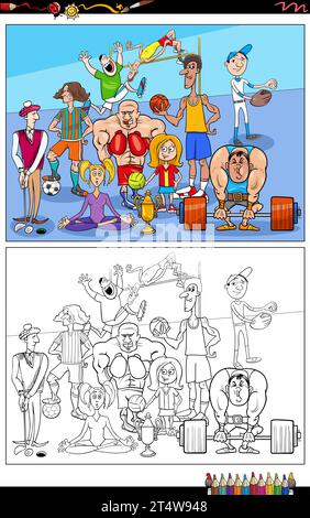 Cartoon illustrations of funny athletes of different sport disciplines coloring page Stock Vector