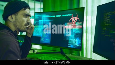 Computer screen, programming or identity theft with hacker man for phishing, scam or financial fraud. Confused, dashboard and criminal person thinking Stock Photo