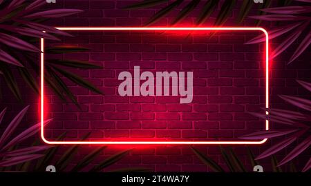 Neon frame with tropical leaves on brick wall background. Retro banner. Vector illustration Stock Vector