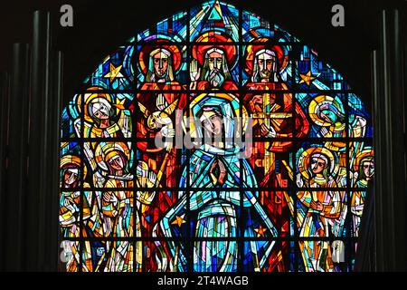 Stained glass window inside Église St Nicolas Church – Brussels Belgium – 23 October 2023 Stock Photo