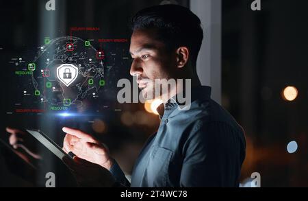 Cyber security, hacker man and tablet with hologram and safety lock icon for network, information or data. Person with technology for privacy Stock Photo