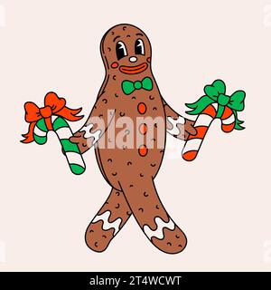 Retro style cartoon christmas ginger bread man. Groovy vintage 70s funny cookie man character holding candy canes Stock Vector
