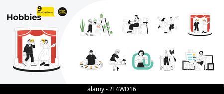 Different hobbies black and white cartoon flat illustration bundle Stock Vector