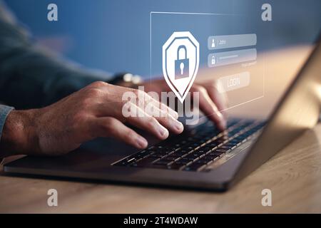 Hands, programmer on laptop and hologram for password login, cyber security software and code. IT, typing and developer with keyboard, lock overlay Stock Photo