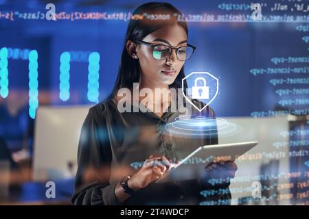 Lock hologram, tablet and woman with data analysis safety, software overlay and cyber security coding at night. Html, script and person reading with Stock Photo