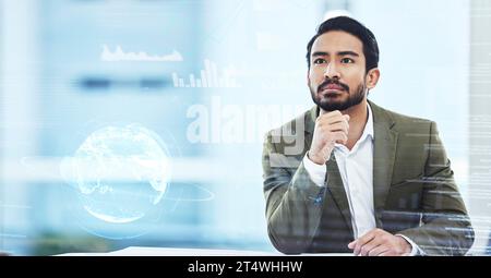 World, thinking and overlay with a business man using ux interface for global data analysis. Metaverse, ai or 3d hologram searching a vr database for Stock Photo