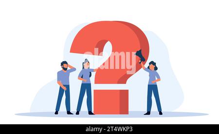 The man and the woman are thinking about problems. People and their questions concept vector illustration. Some of the people are looking at the quest Stock Vector