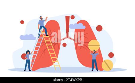 Group of people standing around a large red lung. Ladder attached to lung, and the people are all wearing blue shirts and jeans. People smiling and lo Stock Vector