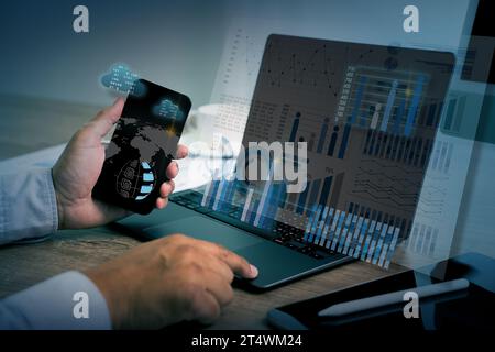 work hard Data Analytics Statistics Information Business Technology businessman working with data and graphs Stock Photo
