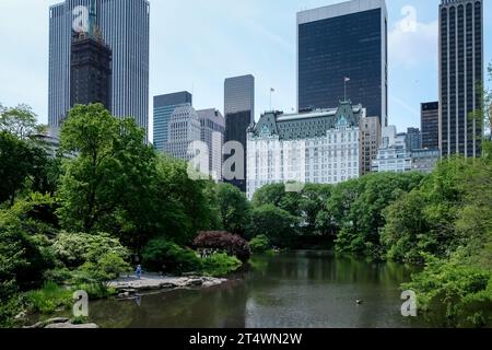 View of Manhanttan skyline as seen from the Pond, one of seven bodies of water in Central Park, located near Grand Army Plaza, Central Park South Stock Photo