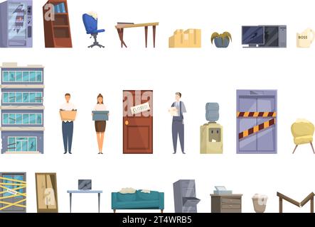 Abandoned office icons set cartoon vector. Broken customer service. Damaged furniture Stock Vector