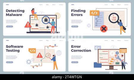 Code testers work. People check applications and programs for errors and bugs, software testing process, code correction. Web page template. cartoon Stock Vector