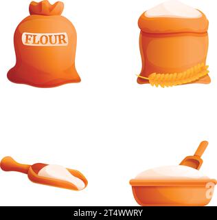 Flour bag icons set cartoon vector. Wheat flour in sack and bowl. Product, food Stock Vector