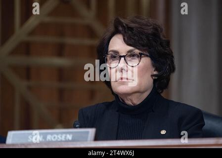 Washington, United States. 31st Oct, 2023. United States Senator Jacky Rosen (Democrat of Nevada) at a Senate Homeland Security and Governmental Affairs Hearing to “examine threats to the homeland” in the Dirksen Senate Office Building in Washington, DC on Tuesday, October 31, 2023. Recently, a Las Vegas man faces charges after threatening to kill Rosen, who is Jewish, in a series of messages to her office. Photo by Annabelle Gordon/CNP/ABACAPRESS.COM Credit: Abaca Press/Alamy Live News Stock Photo