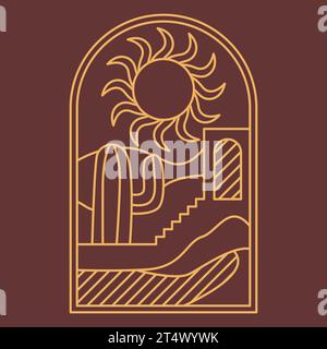 Desert with cactus and sun and arabinan architecture boho logo. sand, sunset, palm landscape aesthetic icon. Stock Vector