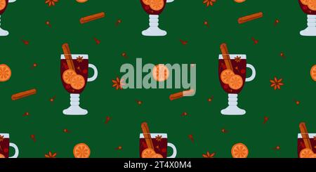 Seamless pattern with mulled wine in glass, anise star, cloves, cranberry, cinnamon stick and citrus slices, vector illustration Stock Vector