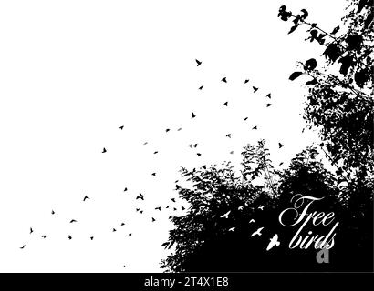 Silhouette of birds flying from the trees. Vector illustration. Art Design, Wall Decor isolated on white background. hand drawing. Not AI Stock Vector