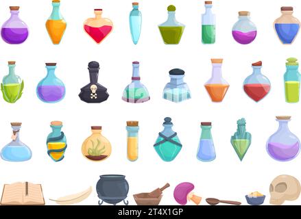 Magic elixir icons set cartoon vector. Glass flask jar. Poison game asset Stock Vector