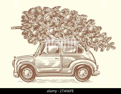 Driving retro car with fir tree decorated with Christmas decorations. Hand drawn vintage sketch vector illustration Stock Vector