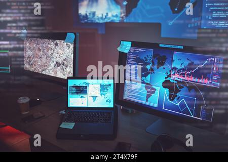 Computer, location hacking and cybersecurity, hologram screen with software for futuristic technology in office. Data protection, overlay and Stock Photo