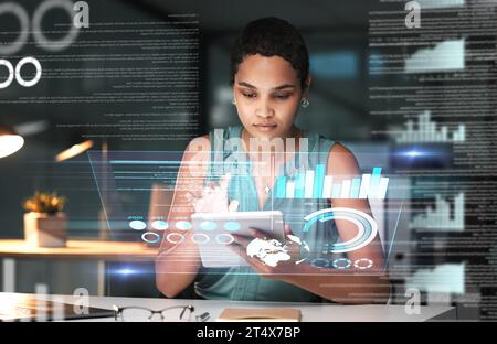 Black woman with tablet, erp data overlay and innovation, research and programming in future information technology. Futuristic network, analytics and Stock Photo