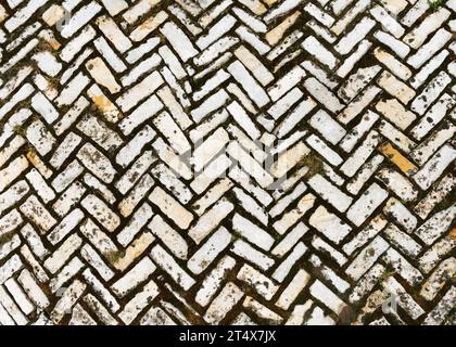 Top view of rustic old natural stone paving with grass in the herb garden. Abstract background of old bricks arranged in a fishbone or wheat thorn. Stock Photo