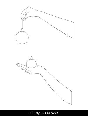 Hands illustration holding Christmas ball ornaments isolated on white Stock Photo