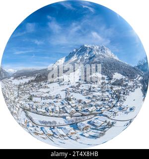 Aerial view to Ehrwald, a ski resort in the Tyroler Zugspitz Region in wintertime Stock Photo