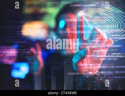 Hand, hacker and cybersecurity, hologram button and choice of malware login, futuristic technology and privacy. Data protection overlay, dashboard and Stock Photo