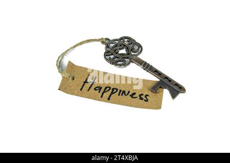 Old decorative key and handwritten tag "Happiness" tied with straw rope on white background Stock Photo