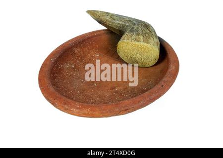 Traditional mortar and pestle made of clay and wood on a white background Stock Photo