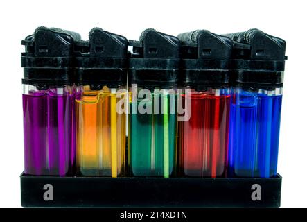 multicolored of plastic gas lighter group in package Stock Photo